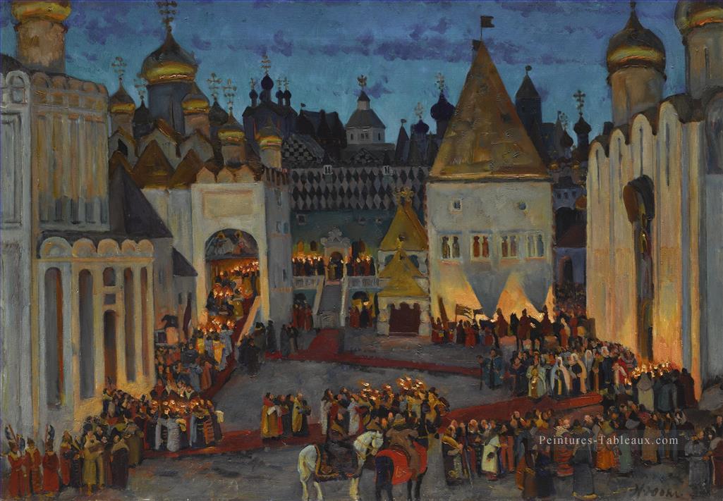KREMLIN À LA NUIT SUR EVE OF CORONATION OF TSAR MIKHAIL FEDOROVICH Konstantin Yuon Peintures à l'huile